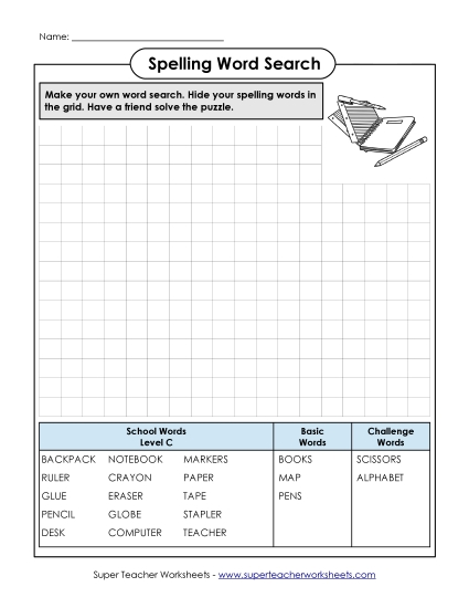Worksheets and Activities  - Make a Word Search (C-School Words)  (Printable PDF Worksheet)