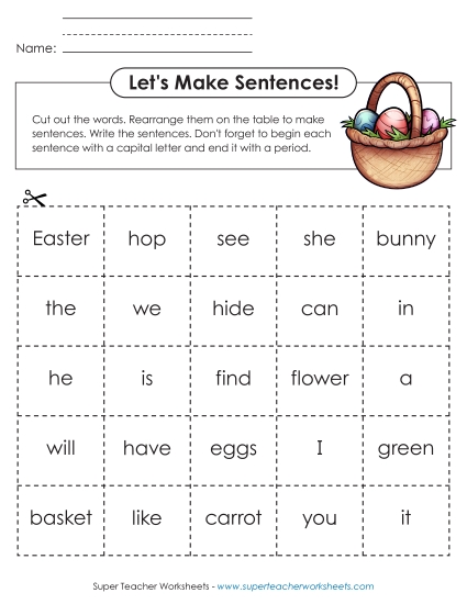 Build Sentences - Make Sentences: Easter Word Cards (Printable PDF Worksheet)