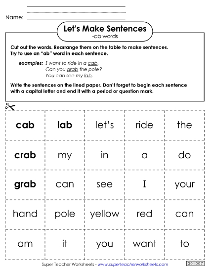 Worksheets - Make Sentences: Word Cards (-ab) (Printable PDF Worksheet)