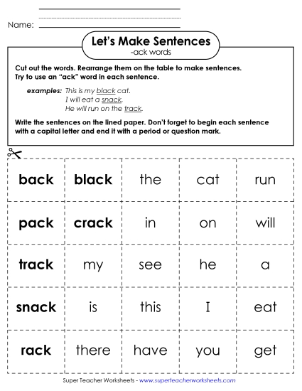 Worksheets - Make Sentences: Word Cards (-ack) (Printable PDF Worksheet)