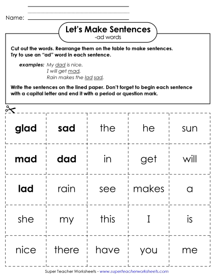 Worksheets - Make Sentences: Word Cards (-ad) (Printable PDF Worksheet)