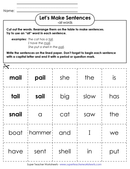 Worksheets - Make Sentences: Word Cards (-ail) (Printable PDF Worksheet)