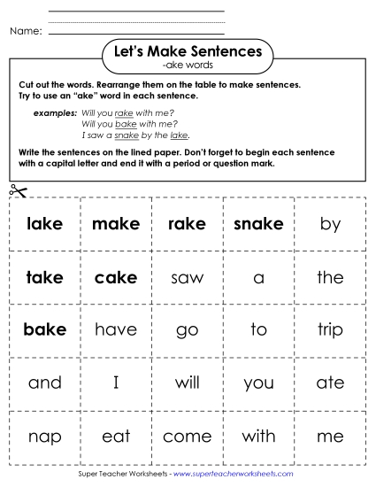 Worksheets - Make Sentences: Word Cards (-ake) (Printable PDF Worksheet)