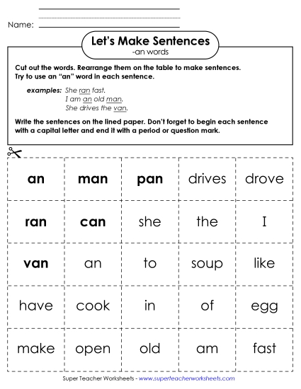 Worksheets - Make Sentences: Word Cards (-an) (Printable PDF Worksheet)