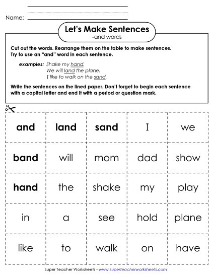 Worksheets - Make Sentences: Word Cards (-and) (Printable PDF Worksheet)
