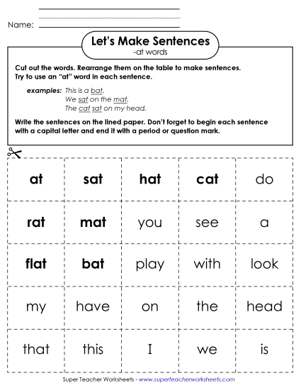 Worksheets - Make Sentences: Word Cards (-at) (Printable PDF Worksheet)