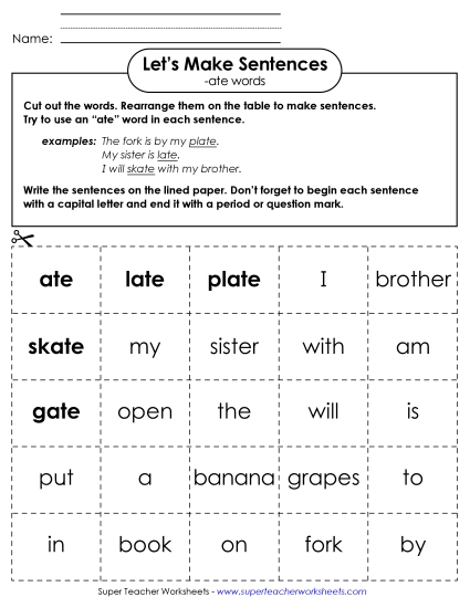 Worksheets - Make Sentences: Word Cards (-ate) (Printable PDF Worksheet)