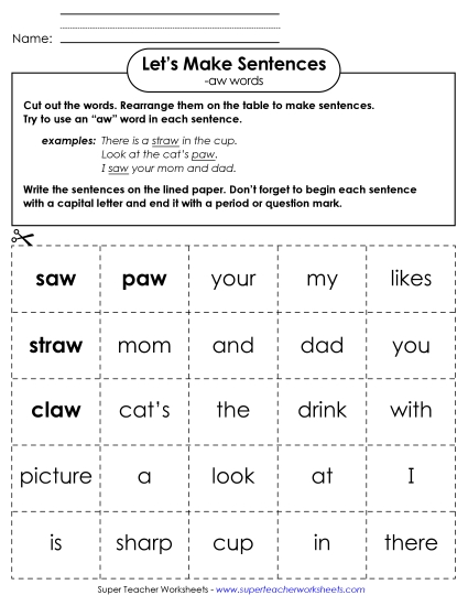 Worksheets - Make Sentences: Word Cards (-aw) (Printable PDF Worksheet)