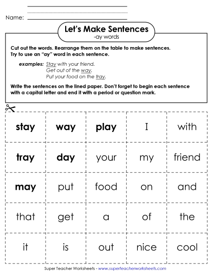 Worksheets - Make Sentences: Word Cards (-ay) (Printable PDF Worksheet)