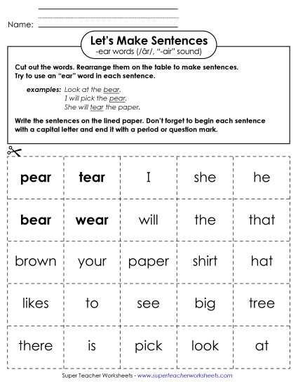 Worksheets - Make Sentences: Word Cards (-ear, 