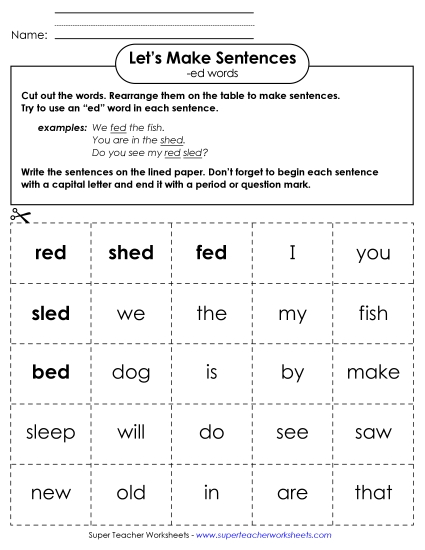 Worksheets - Make Sentences: Word Cards (-ed) (Printable PDF Worksheet)