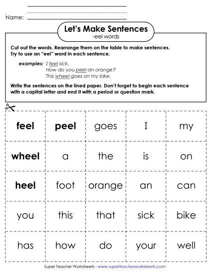 Worksheets - Make Sentences: Word Cards (-eel) (Printable PDF Worksheet)