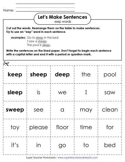 Worksheets - Make Sentences: Word Cards (-eep) (Printable PDF Worksheet)