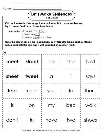 Worksheets - Make Sentences: Word Cards (-eet) (Printable PDF Worksheet)