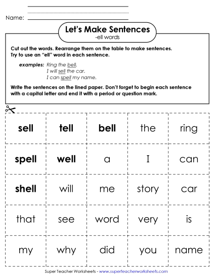 Worksheets - Make Sentences: Word Cards (-ell) (Printable PDF Worksheet)