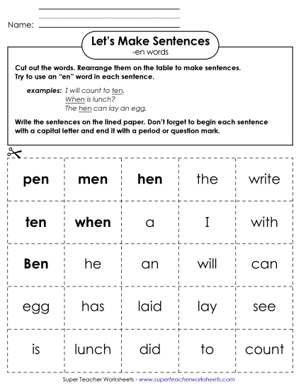 Worksheets - Make Sentences: Word Cards (-en) (Printable PDF Worksheet)