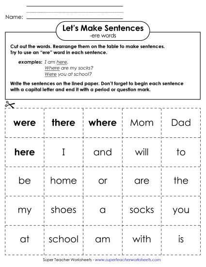 Worksheets - Make Sentences: Word Cards (-ere) (Printable PDF Worksheet)