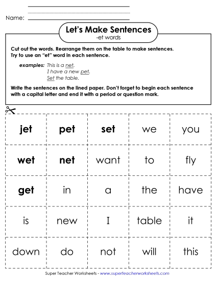 Worksheets - Make Sentences: Word Cards (-et) (Printable PDF Worksheet)