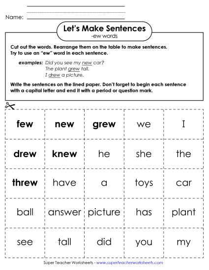 Worksheets - Make Sentences: Word Cards (-ew) (Printable PDF Worksheet)