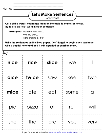 Worksheets - Make Sentences: Word Cards (-ice) (Printable PDF Worksheet)