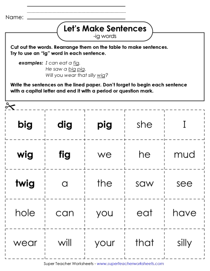 Worksheets - Make Sentences: Word Cards (-ig) (Printable PDF Worksheet)