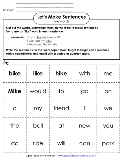 Worksheets - Make Sentences: Word Cards (-ike) (Printable PDF Worksheet)