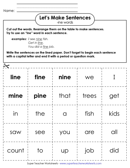 Worksheets - Make Sentences: Word Cards (-ine) (Printable PDF Worksheet)