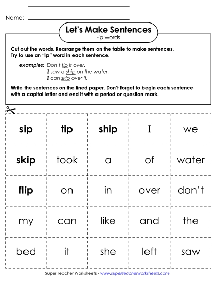 Worksheets - Make Sentences: Word Cards (-ip) (Printable PDF Worksheet)