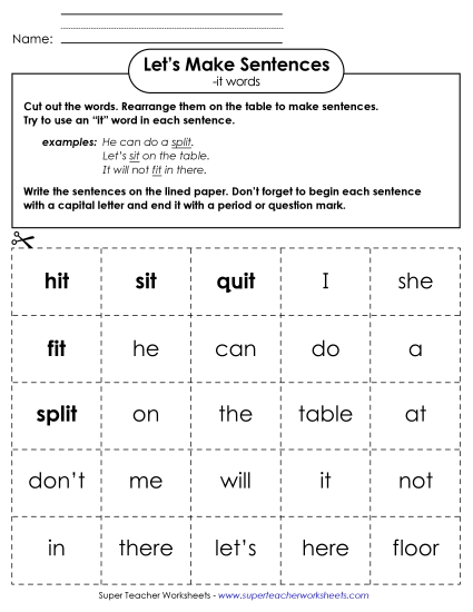 Worksheets - Make Sentences: Word Cards (-it) (Printable PDF Worksheet)