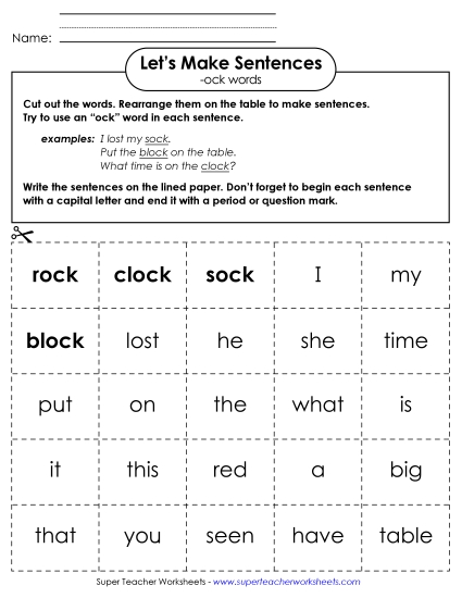 Worksheets - Make Sentences: Word Cards (-ock) (Printable PDF Worksheet)