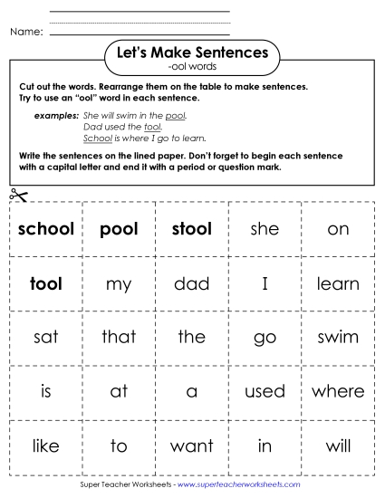Worksheets - Make Sentences: Word Cards (-ool) (Printable PDF Worksheet)
