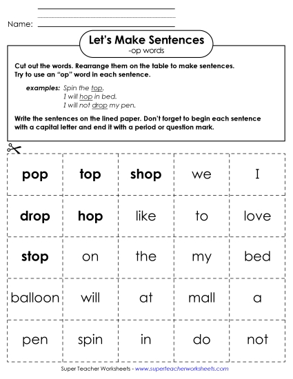 Worksheets - Make Sentences: Word Cards (-op) (Printable PDF Worksheet)