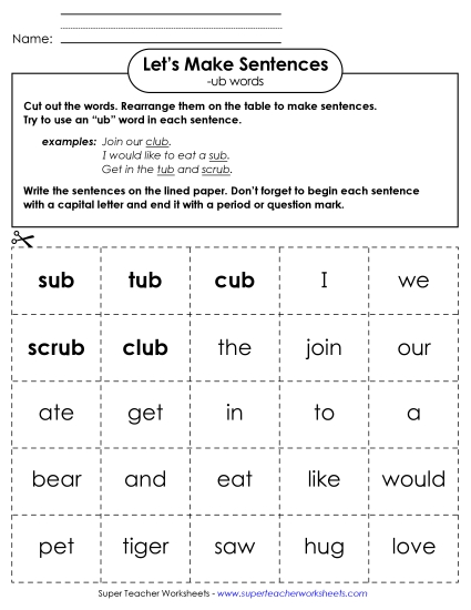 Worksheets - Make Sentences: Word Cards (-ub) (Printable PDF Worksheet)