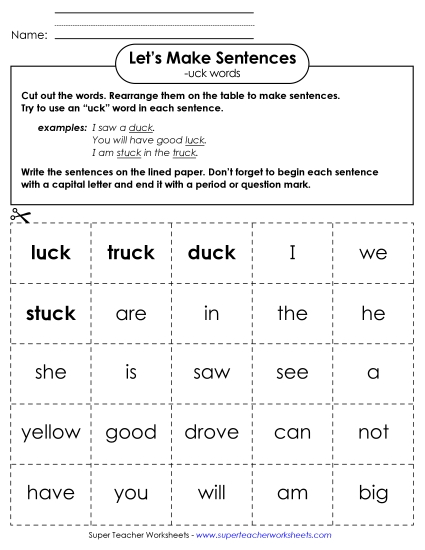 Worksheets - Make Sentences: Word Cards (-uck) (Printable PDF Worksheet)