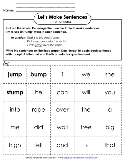 Worksheets - Make Sentences: Word Cards (-ump) (Printable PDF Worksheet)