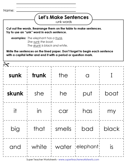 Worksheets - Make Sentences: Word Cards (-unk) (Printable PDF Worksheet)