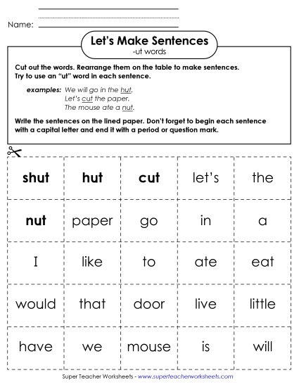 Worksheets - Make Sentences: Word Cards (-ut) (Printable PDF Worksheet)