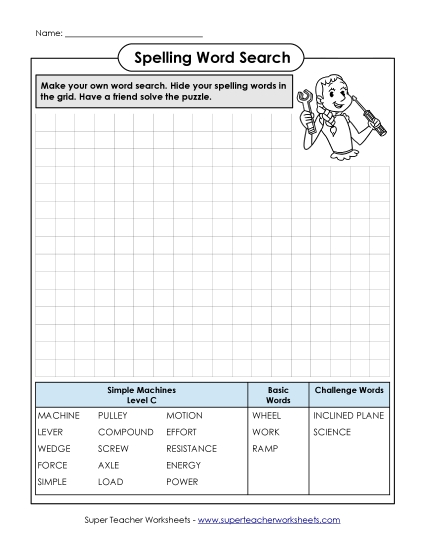 Worksheets and Activities - Make Your Own Word Search (C-Simple Machines Words)  (Printable PDF Worksheet)