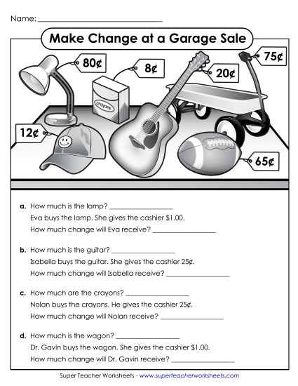 Level: Basic $1.00 and Under - Making Change: Garage Sale (Printable PDF Worksheet)