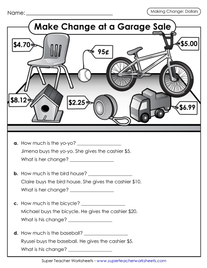 Level: Advanced $1.00 and Up - Making Change: Garage Sale (Dollars) (Printable PDF Worksheet)