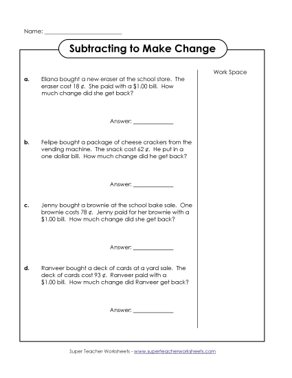Level: Basic $1.00 and Under - Making Change: Subtracting Amounts Under a Dollar (Printable PDF Worksheet)