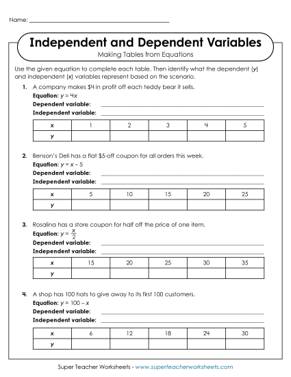 Independent & Dependent Variables w/ Equations, Tables, & Graphs - Making Horizontal Tables from Equations (Independent & Dependent Variables) (Printable PDF Worksheet)