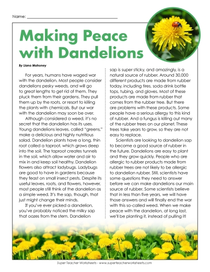 Nonfiction Articles - Making Peace with Dandelions (Article) (Printable PDF Worksheet)