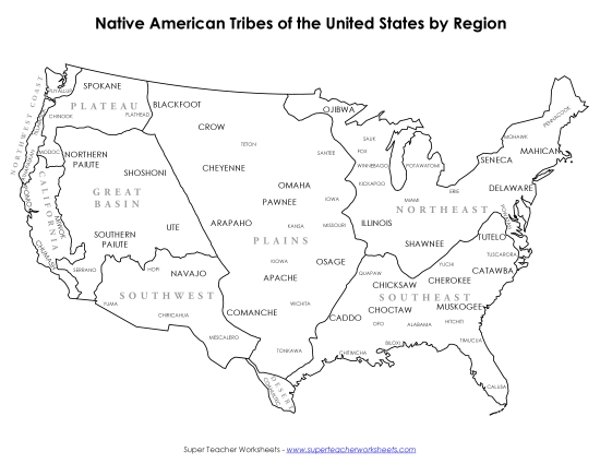 Maps - Map - Native American Tribes by Region (Printable PDF Worksheet)