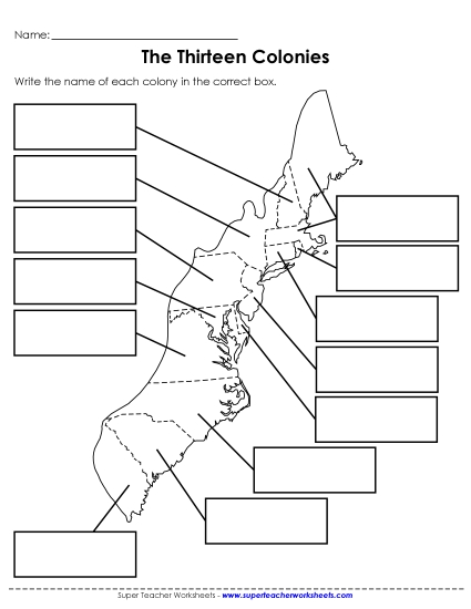 Maps of the USA - Map of Colonial America (Blank) (Printable PDF Worksheet)