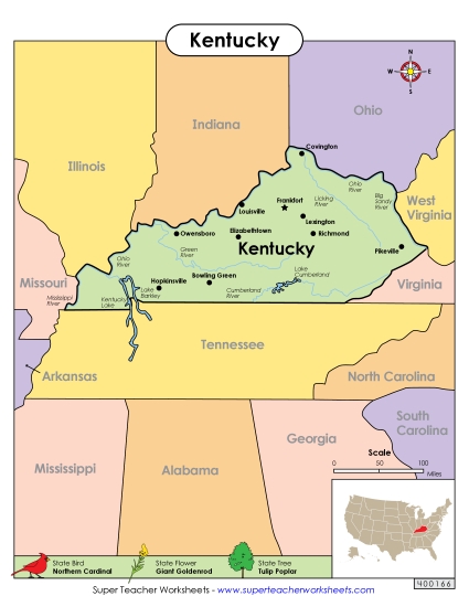 Maps - Map of Kentucky (Printable PDF Worksheet)