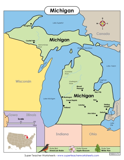 Maps - Map of Michigan (Printable PDF Worksheet)