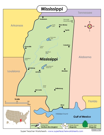 Maps - Map of Mississippi (Printable PDF Worksheet)