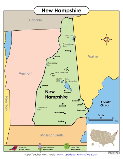 Maps - Map of New Hampshire (Printable PDF Worksheet)