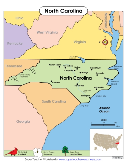 Maps - Map of North Carolina (Printable PDF Worksheet)